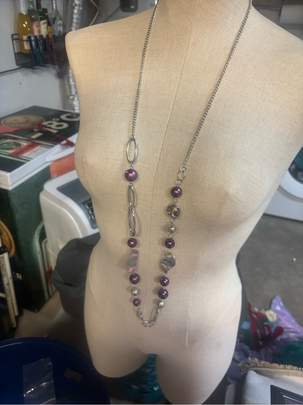 Long Silver Necklace with Purple Beads
